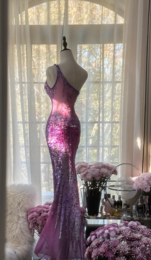 Glamorous Ombre Purple One-Shoulder Chiffon Sequin Beaded Mermaid Long Evening Dress Birthday Party Dress - View 4 | FashionDia