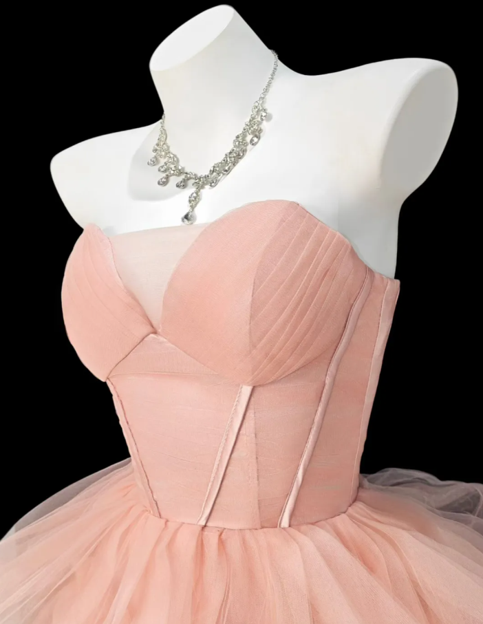 Elegant Strapless Pink Tulle Pleated Layered Long Party Dress Princess Birthday Dress - View 2 | FashionDia