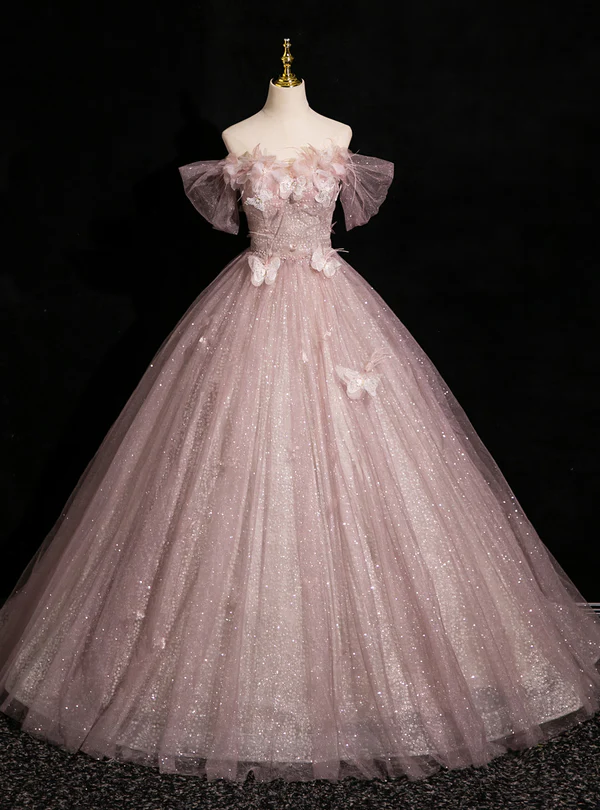 Pink Tulle Sequins Off the Shoulder Butterfly Flower Prom Dress Sweet Ball Gown