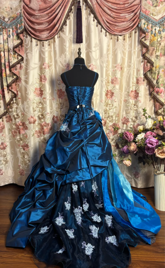 Pretty Blue Spaghetti Straps Satin Pleated Appliques Beaded Mermaid Evening Dress Long Prom Dress - View 2 | FashionDia