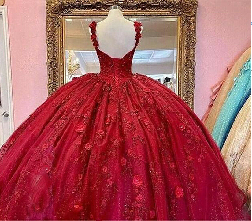 Red Quinceanera Dresses 3D Flowers Appliques Top Beaded Ball Gown Sweet 16 Dress - View 3 | FashionDia