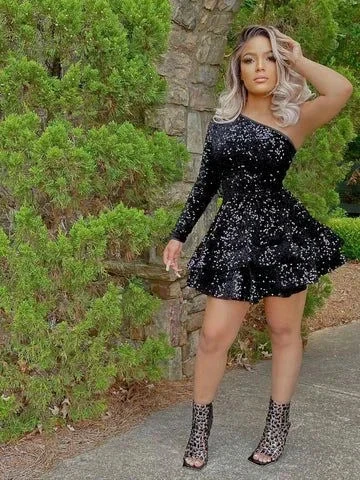 Sparkly Sequin Cocktail Dresses Short A Line One Shoulder African Women Formal Long Sleeve Homecoming Dress (ZD12683)