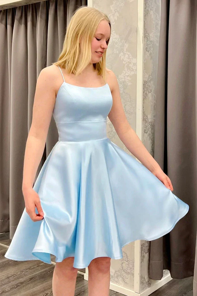 Cute Backless Short Light Blue Satin Homecoming Dress - FashionDia