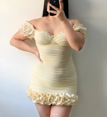 Cute Yellow Sweetheart Neck Sheath Ruffles Birthday Outfits Off-the-Shoulder Short Homecoming Dress - View 4 | FashionDia