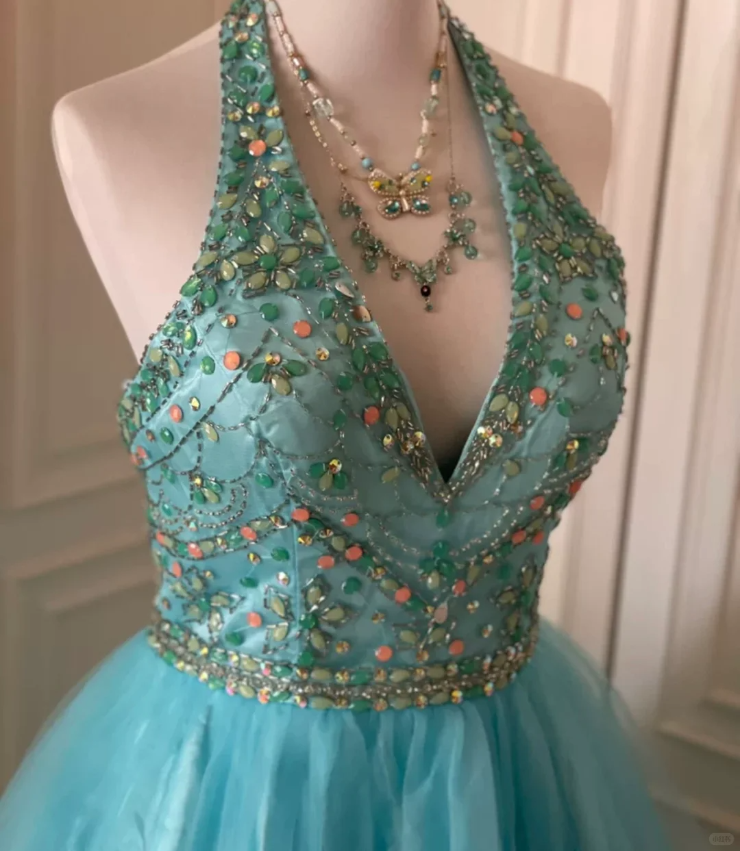 Vintage Blue Halter Tulle Beaded A Line Short Party Dress Formal Homecoming Dress