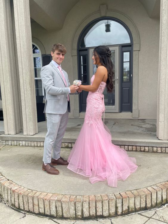 Pink Strapless Tulle Appliques Mermaid Long Prom Dress