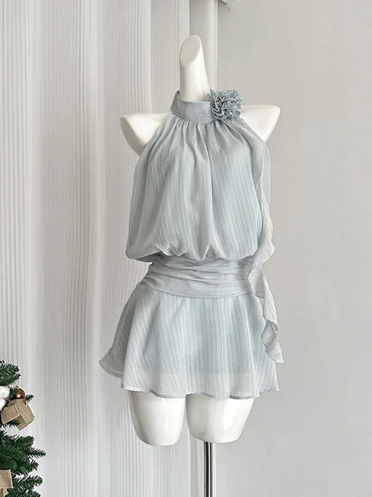 Blue Mini Sleeveless Chiffon Dress Women Frock Vacation Dress - View 2 | FashionDia