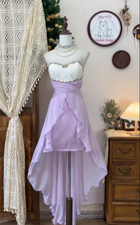 Chic Lilac Strapless Chiffon Beaded Homecoming Dress Short Prom Dress - FashionDia
