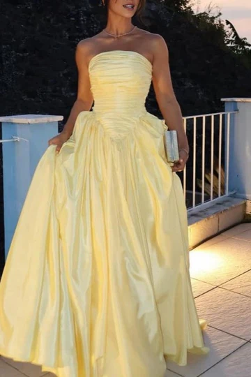 Fashion Strapless Yellow Satin Pleated A-Line Long Wedding Guest Dress Evening Dress - FashionDia