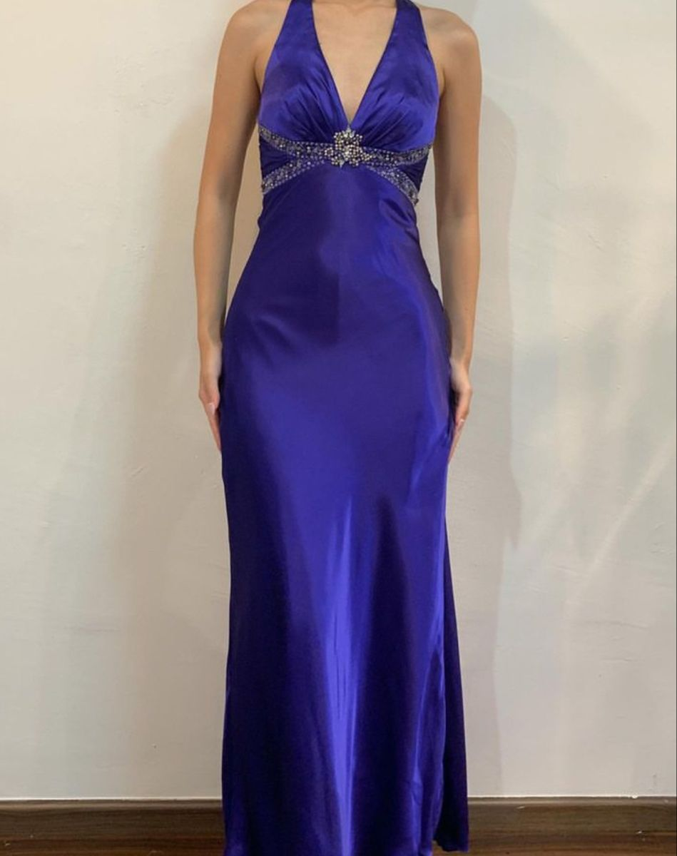 Classy V Neck Halter Satin Beaded Mermaid Evening Dress Purple Long Wedding Guest Dress