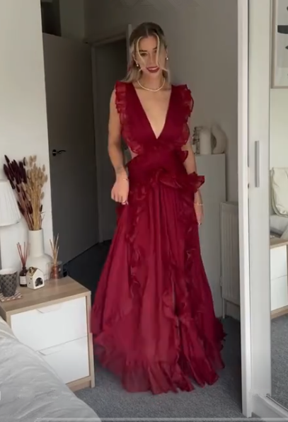 Sexy Burgundy Deep V-Neck Chiffon Ruffles Slit Party Dress Long Prom Evening Dress - View 2 | FashionDia