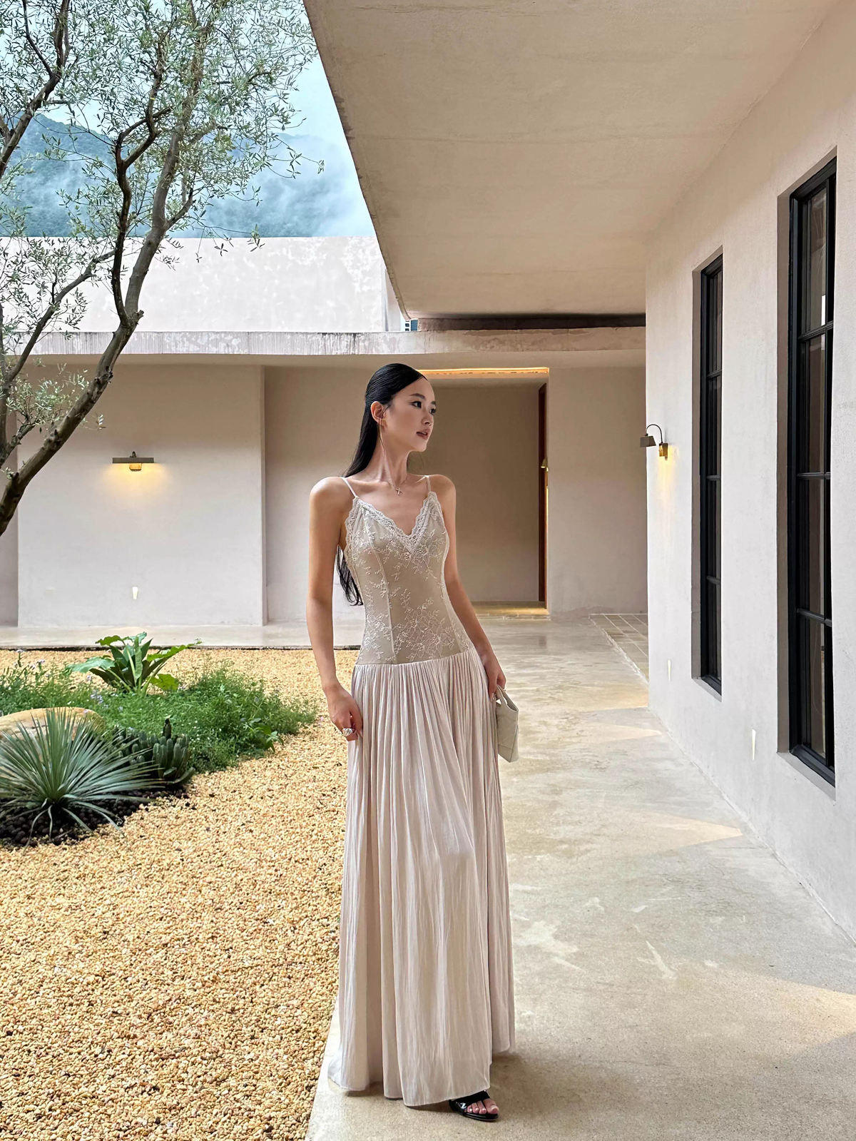 Unique Apricot Spaghetti Straps V-Neck Lace Satin A-Line Long Evening Dress Party Gown - View 6 | FashionDia