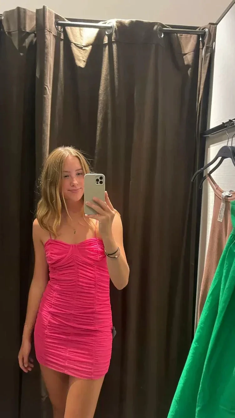 Spaghetti Straps Hot Pink Homecoming Dress Hot Pink Dress Y2272 by simplepromdress