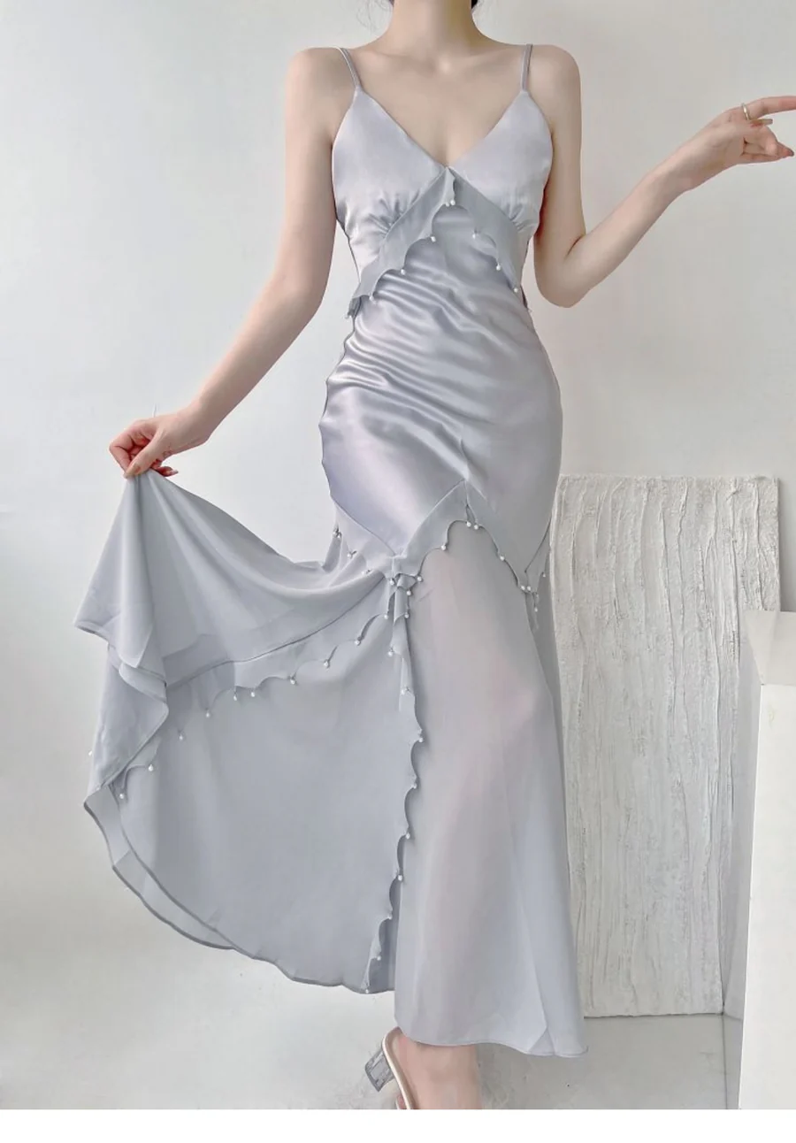 Retro Mermaid Straps Satin Blue Long Prom Dresses Party Dress - View 8 | FashionDia