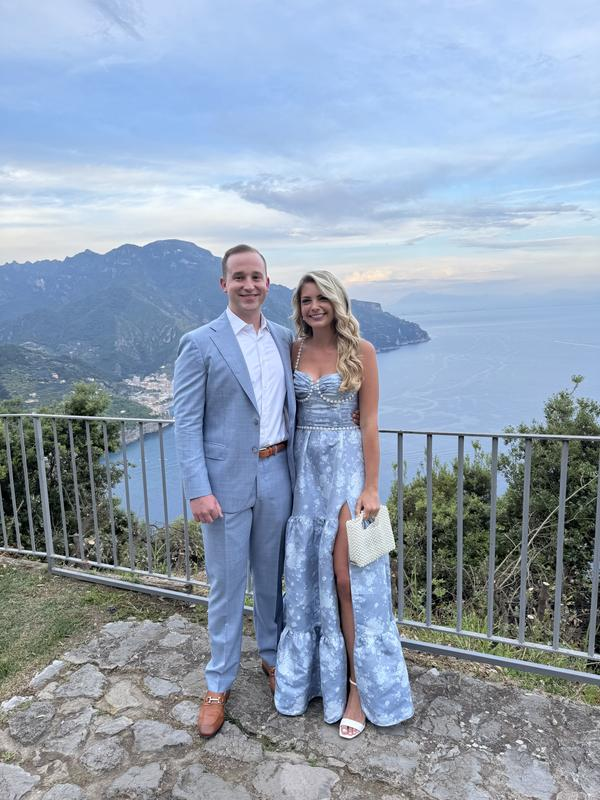 Gorgeous Blue Satin Print Floral Pearls Beaded Evening Dress, A-Line Slit Party Prom Dress - FashionDia