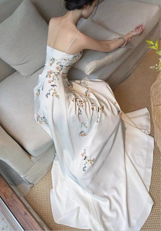 Spaghetti Straps White Satin Long Prom Dress,Elegant Evening Dress Wedding Dress With Appliques - View 2 | FashionDia