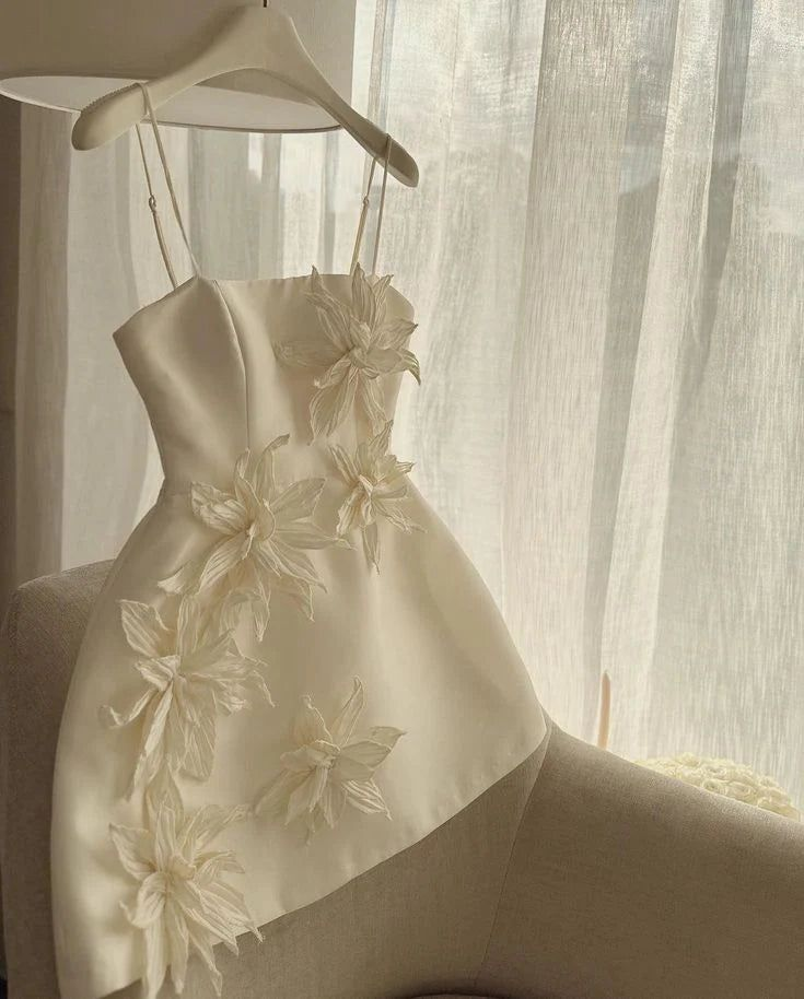 Cute Spaghetti Straps Ivory Satin Formal Birthday Outfits Short Homecoming Dress - FashionDia