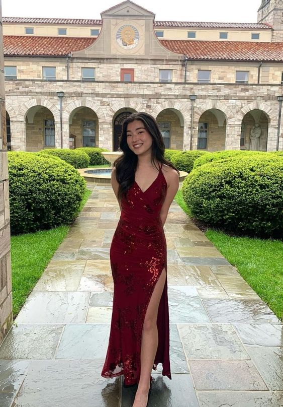 Classy Burgundy V-Neck Prom Dress With Split - FashionDia