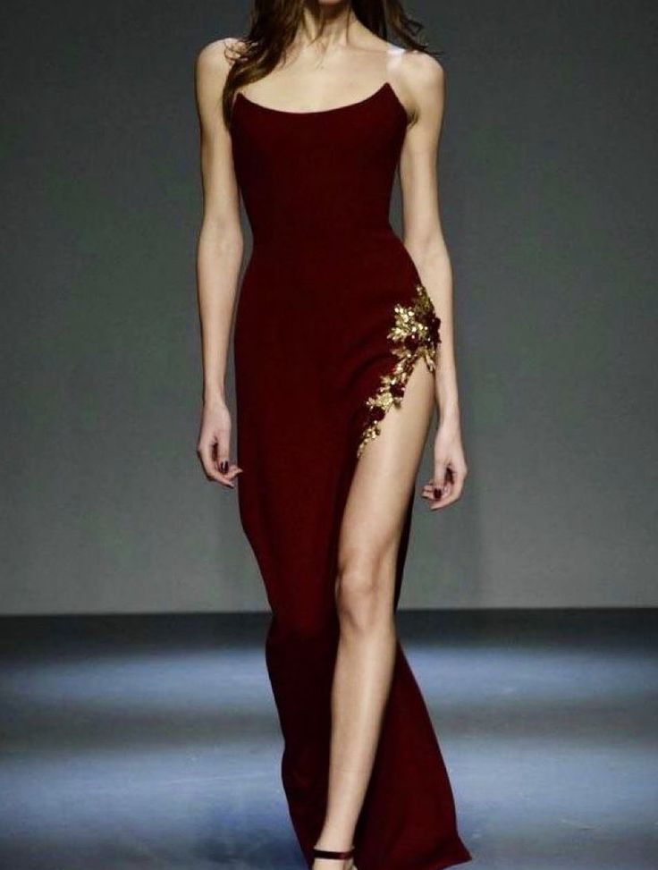 Unique Burgundy Strapless Satin Sheath Slit Evening & Prom Dress With Appliques - FashionDia
