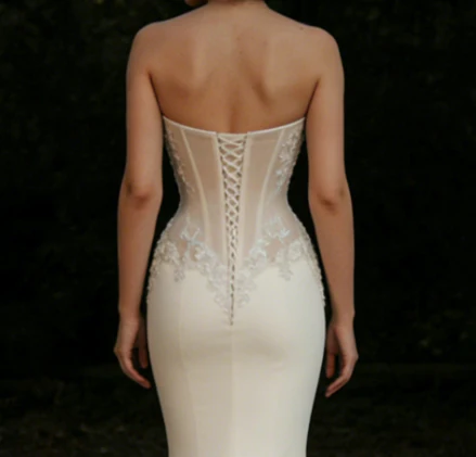 Classy Strapless Satin Appliques White Mermaid Long Wedding Dress - View 3 | FashionDia