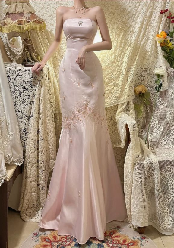 Classy Pink Strapless Satin Sequin Beaded Long Mermaid Evening Dress Party Gown - View 2 | FashionDia