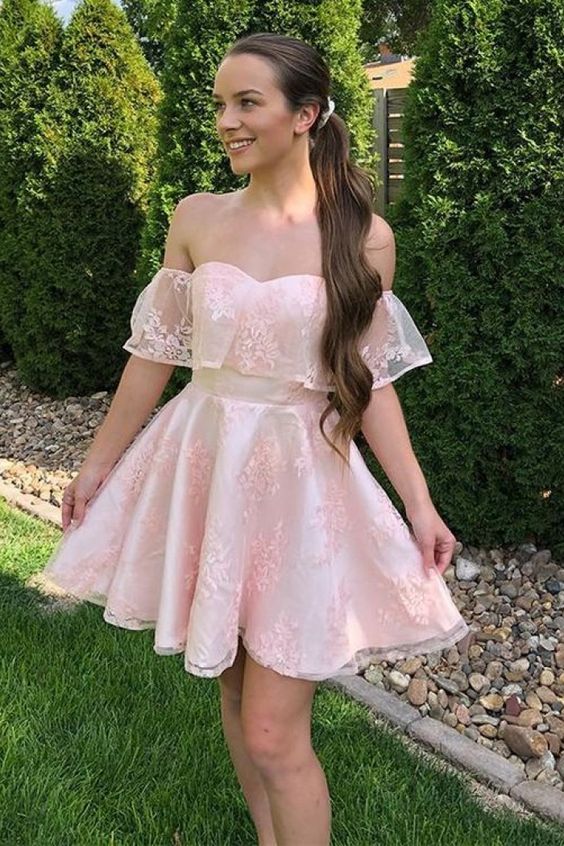 Off Shoulder Formal Lace Homecoming Dress For School Party - VelvetHem