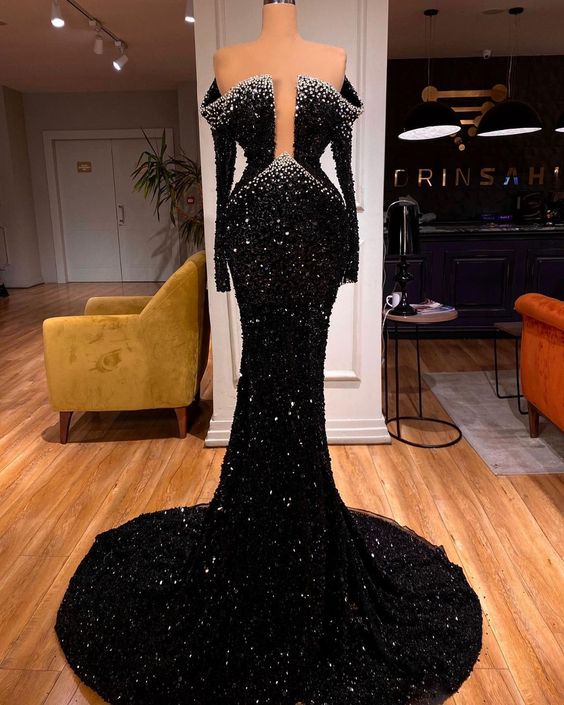 Deep Neck Black Sequins Prom Dress Meramaid Evening Dress With Long Sleeves Custom Made - FashionDia