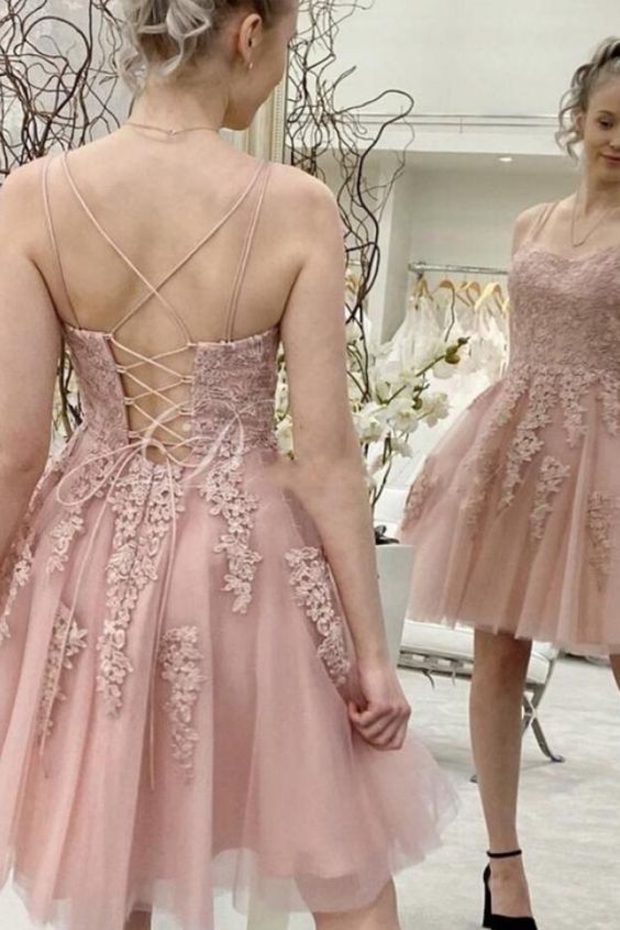 A-Line Pink lace short prom dress Lace-up Homecoming Dress - FashionDia