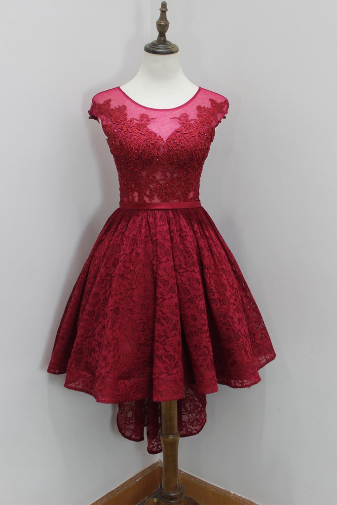 Lovely Wine Red Lace High-Low Round Neckline Prom Dresses, Burgundy Homecoming Dresses, High-Low Formal Dresses - FashionDia