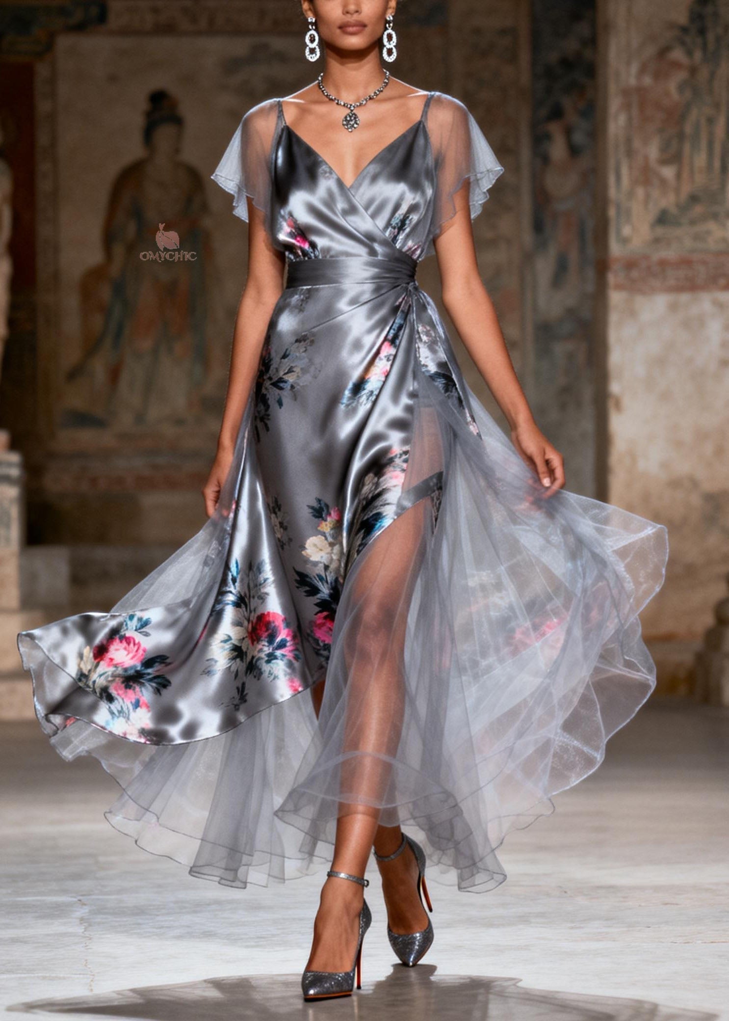 Unique Grey V Neck Print Patchwork Silk Dress Summer