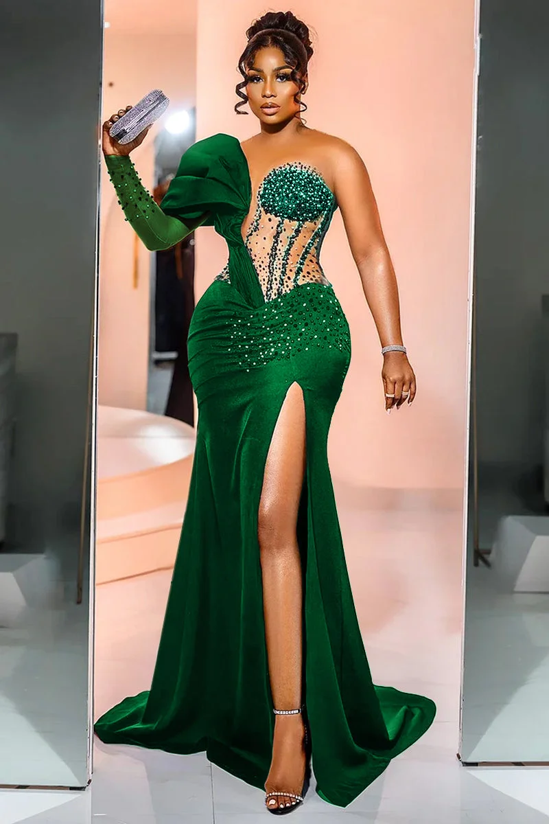 Unique One Shoulder Emerald Green High Split Floor length Prom Dresses