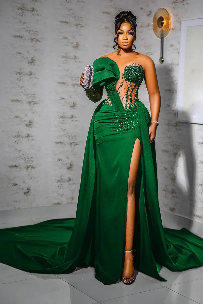 Unique One Shoulder Emerald Green High Split Floor length Prom Dresses