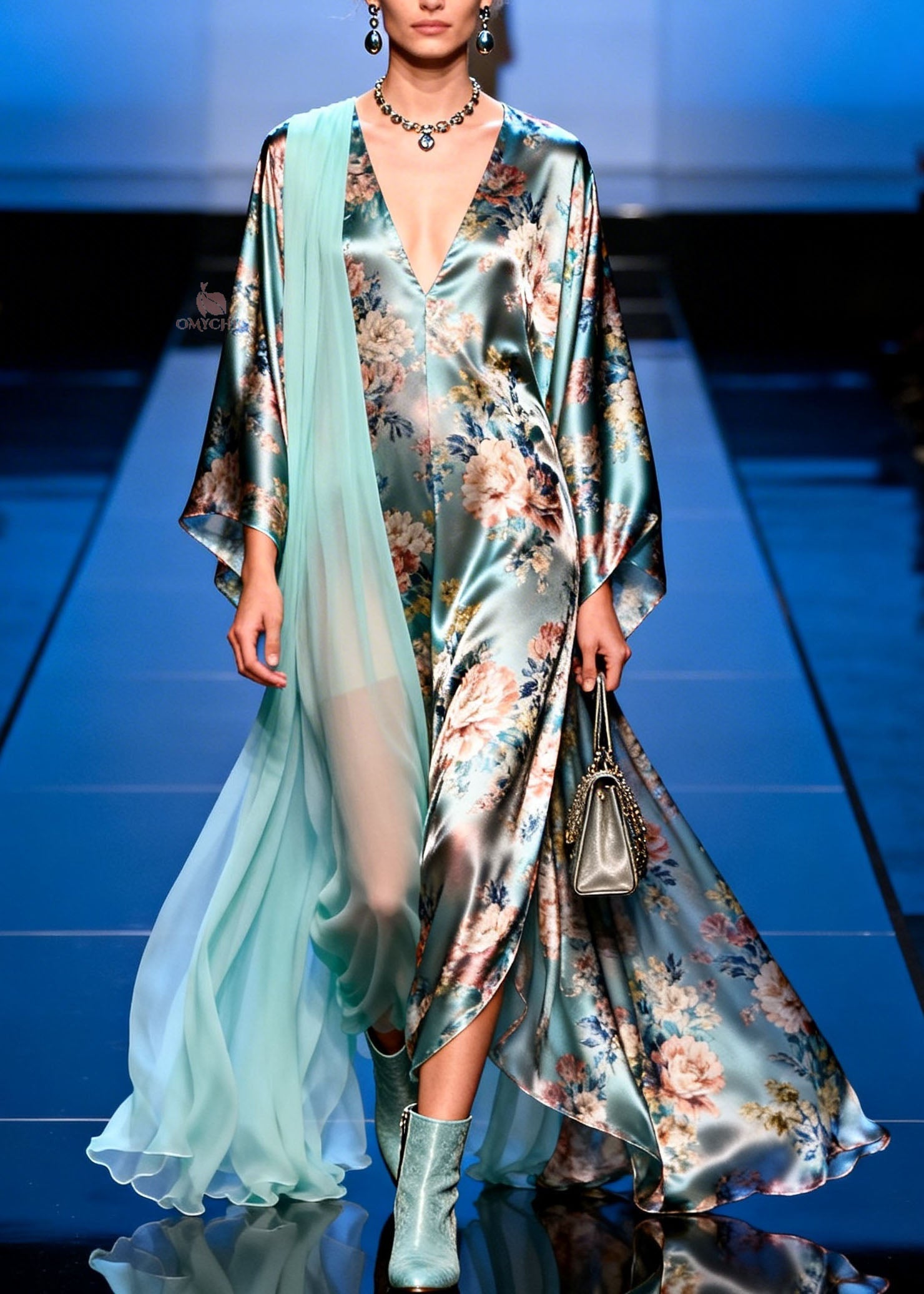 Unique V Neck Asymmetrical Design Patchwork Print Silk Dress Spring