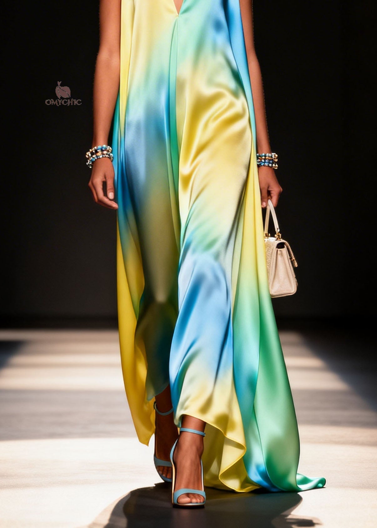 Unique V Neck Tie Dye Silk Long Dress Summer