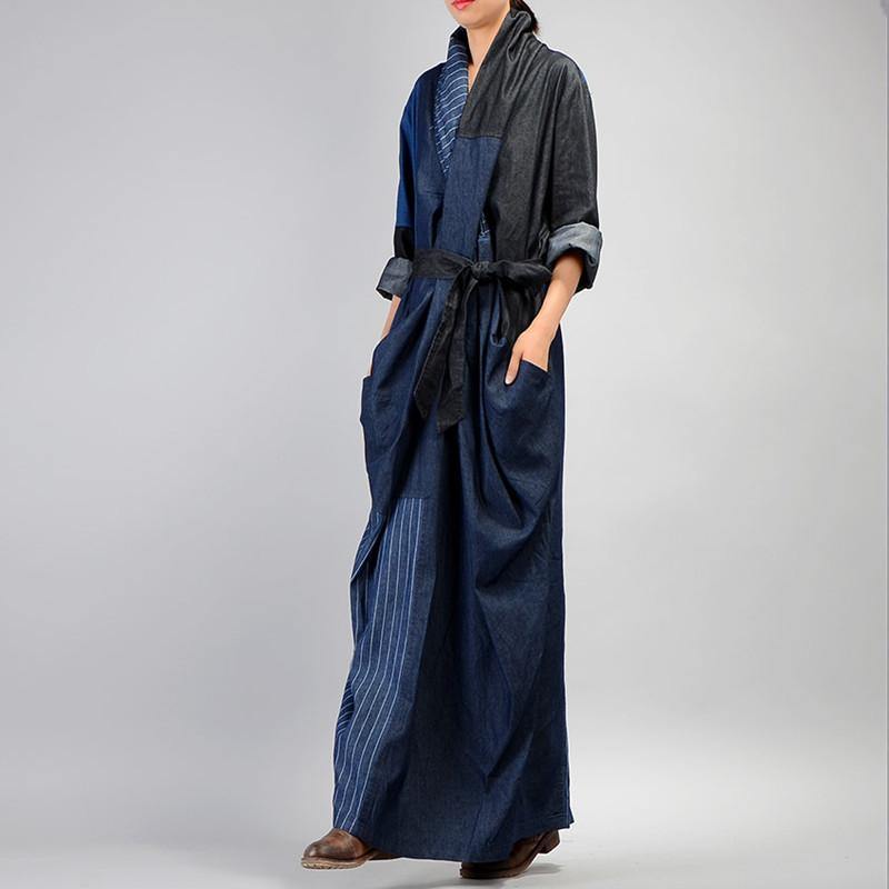 Unique V-Neck Linen Patchwork Robes Neckline Denim Blue Dress