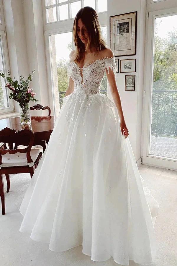 Unique Off The Shoulder Appliques Rustic Lace Wedding Dress WD683 by pgmdress