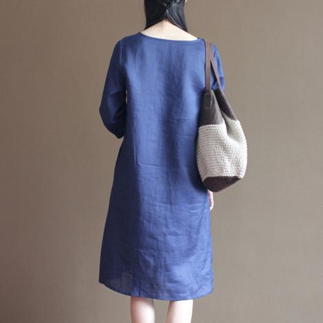 Unique Blue half sleeve linen sundress casual shift dresses