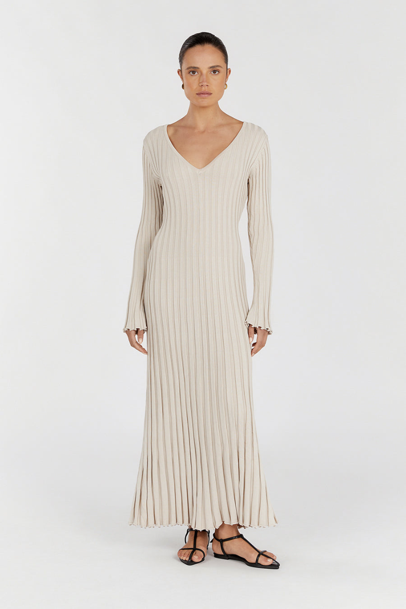 Rita Premium Midi Dress with V Neck and Knitted Sleeves Chic Silhouette Collection