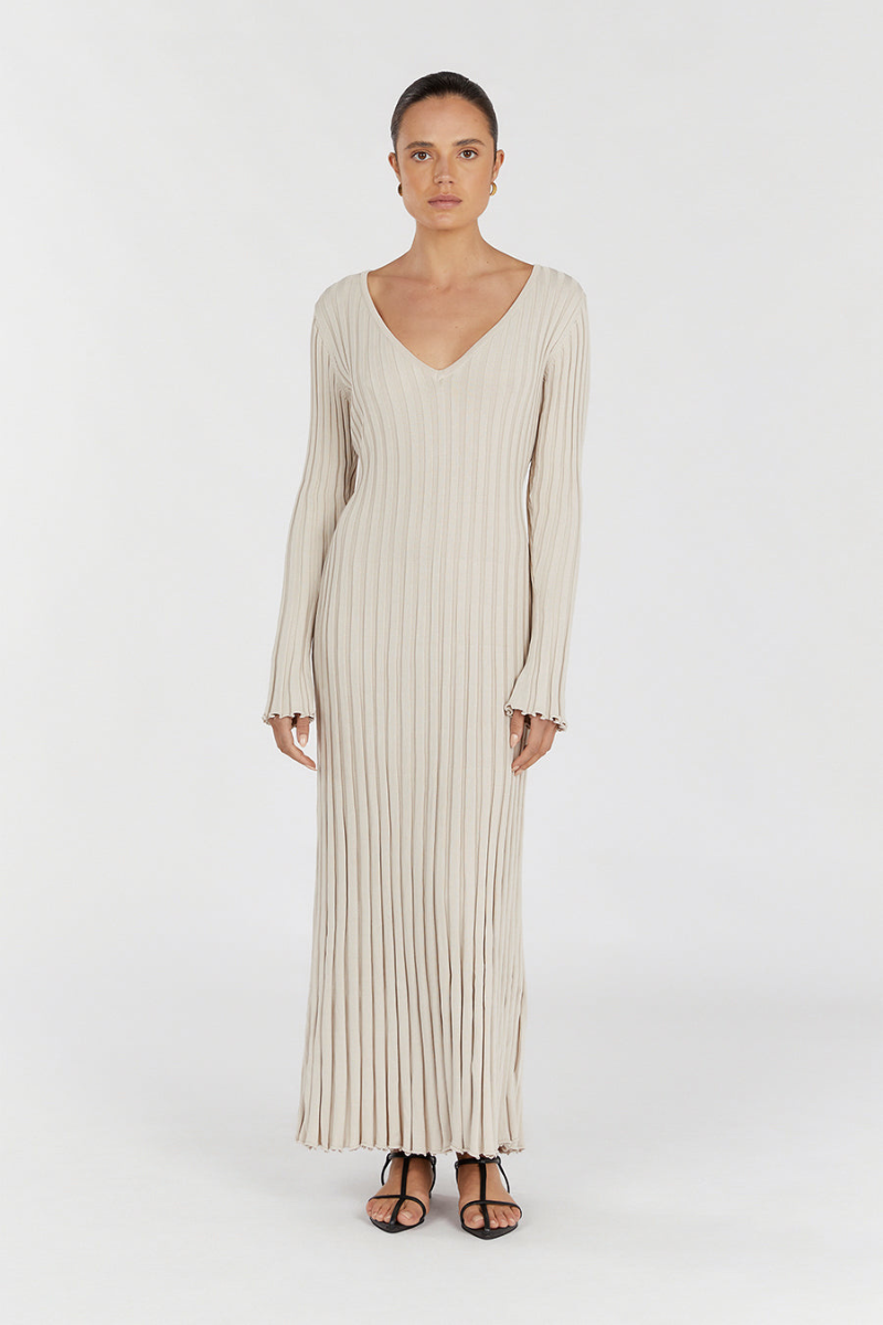 Rita Premium Midi Dress with V Neck and Knitted Sleeves Chic Silhouette Collection