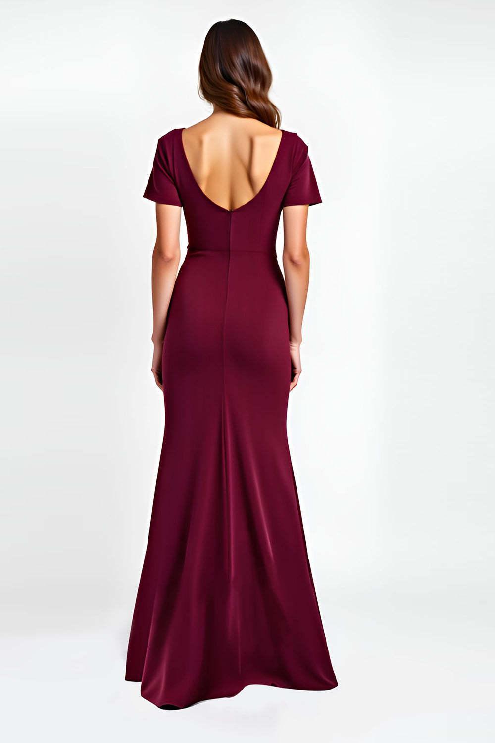 V-Neck Burgundy Wedding Guest Dress Short Sleeves Long Formal Dress