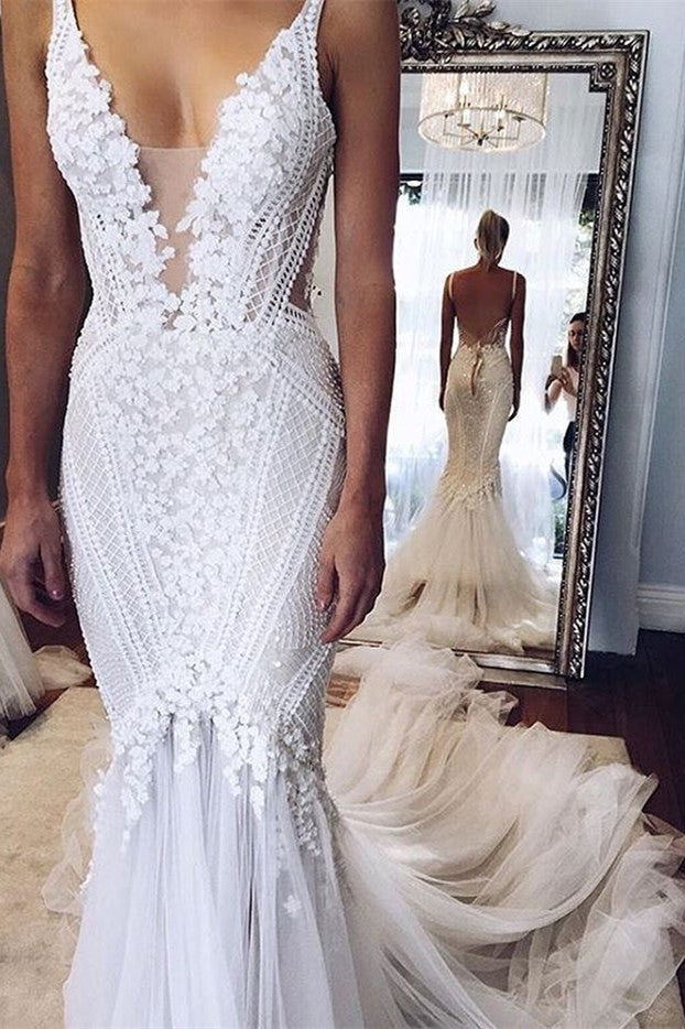 V-Neck Floral Appliques Mermaid Wedding Gowns Open Back Popular Modern Wedding Dress BA4391
