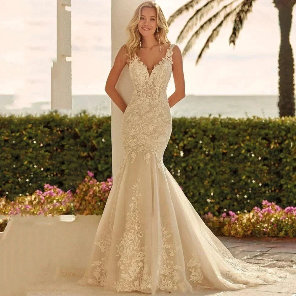 V-Neck Mermaid Wedding Dresses Sleeveless Sexy Backless Vestidos De Novia Applqiues Vestido De Noiva by payinti