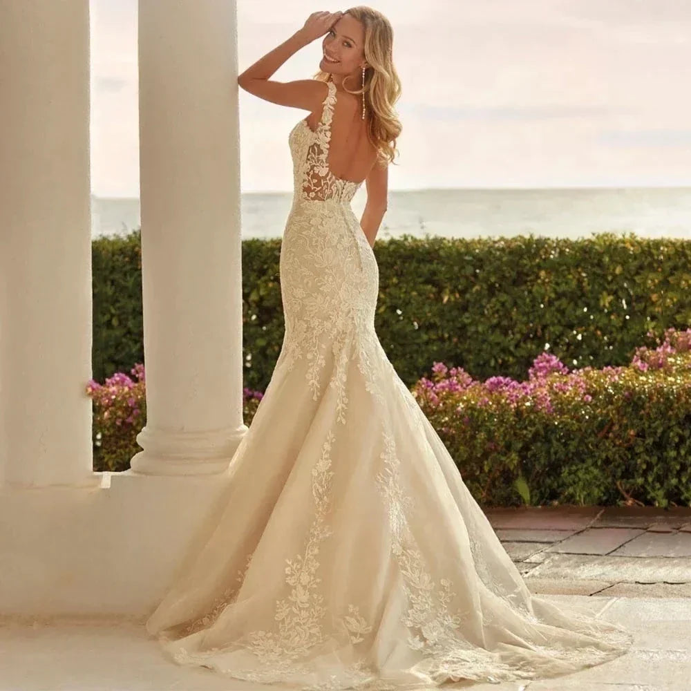 V-Neck Mermaid Wedding Dresses Sleeveless Sexy Backless Vestidos De Novia Applqiues Vestido De Noiva (ZD14044)