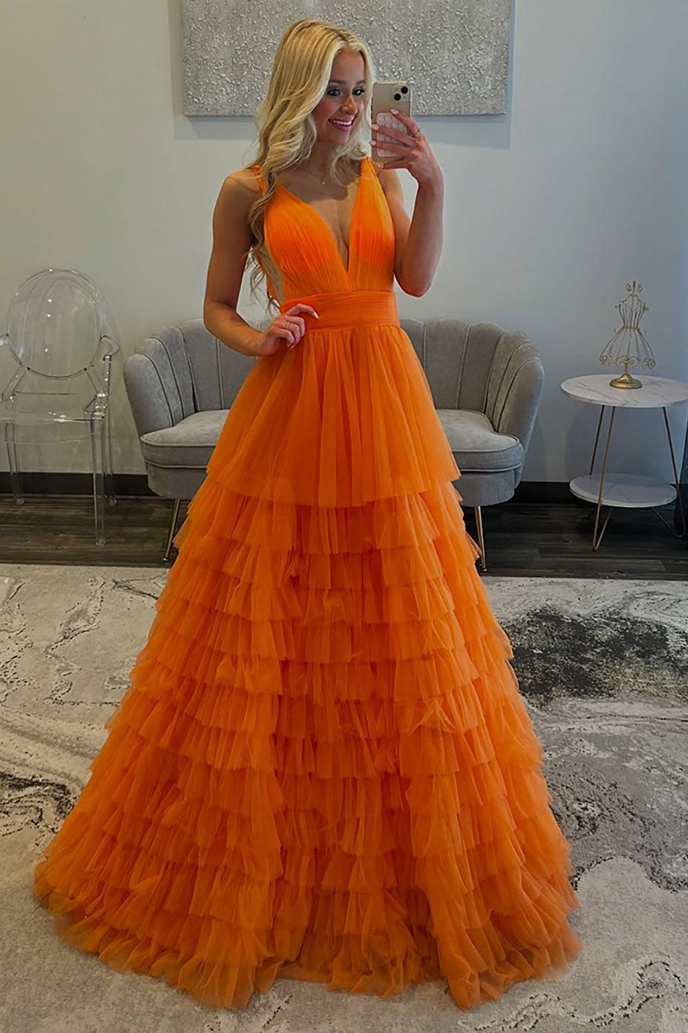 V-Neck Orange Prom Dress Ruffled A Line Long Tulle Formal Dress