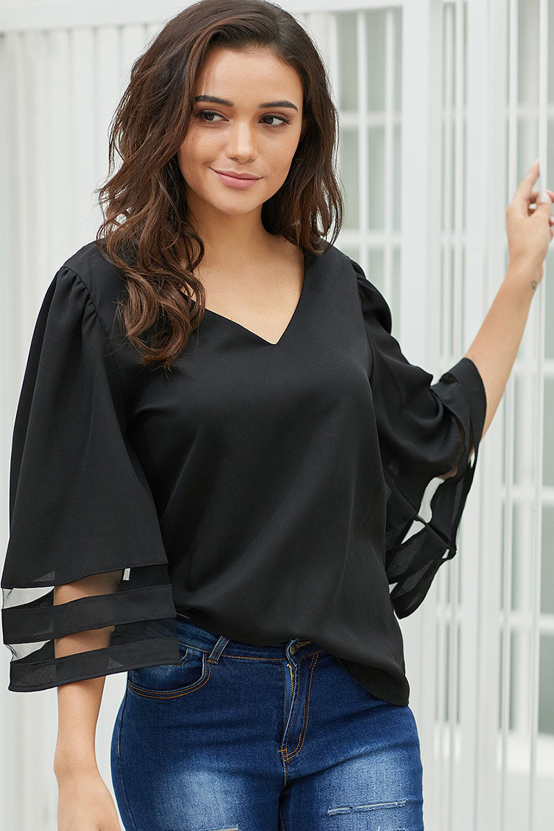 V Neck Patched Tulle Blouse