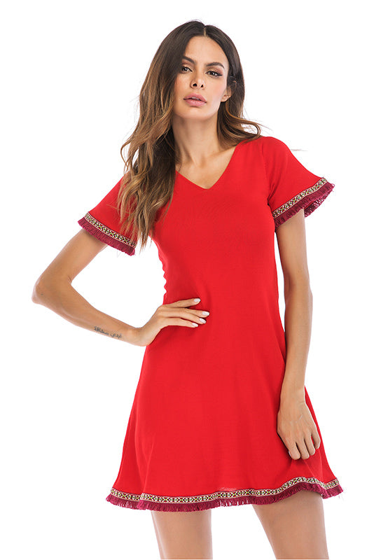 V Neck Tassel Hem Lace-up Back Mini Dress - Fashionpara