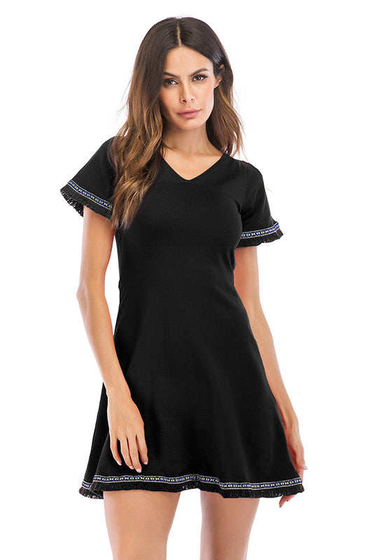 V Neck Tassel Hem Lace-up Back Mini Dress - Fashionpara