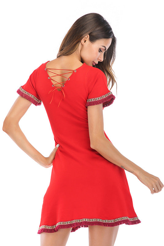 V Neck Tassel Hem Lace-up Back Mini Dress - Fashionpara
