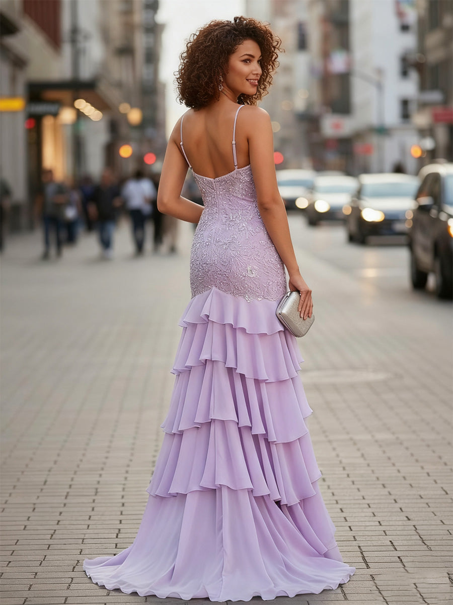 V-Neck Appliques Lace Sweep Train Chiffon Prom Dress wtih Slit