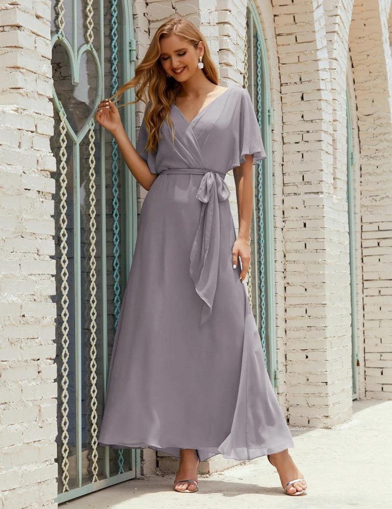 Numbersea V-Neck Bridesmaid Dress Long Formal Dresses with Belt for 28022 by numbersea